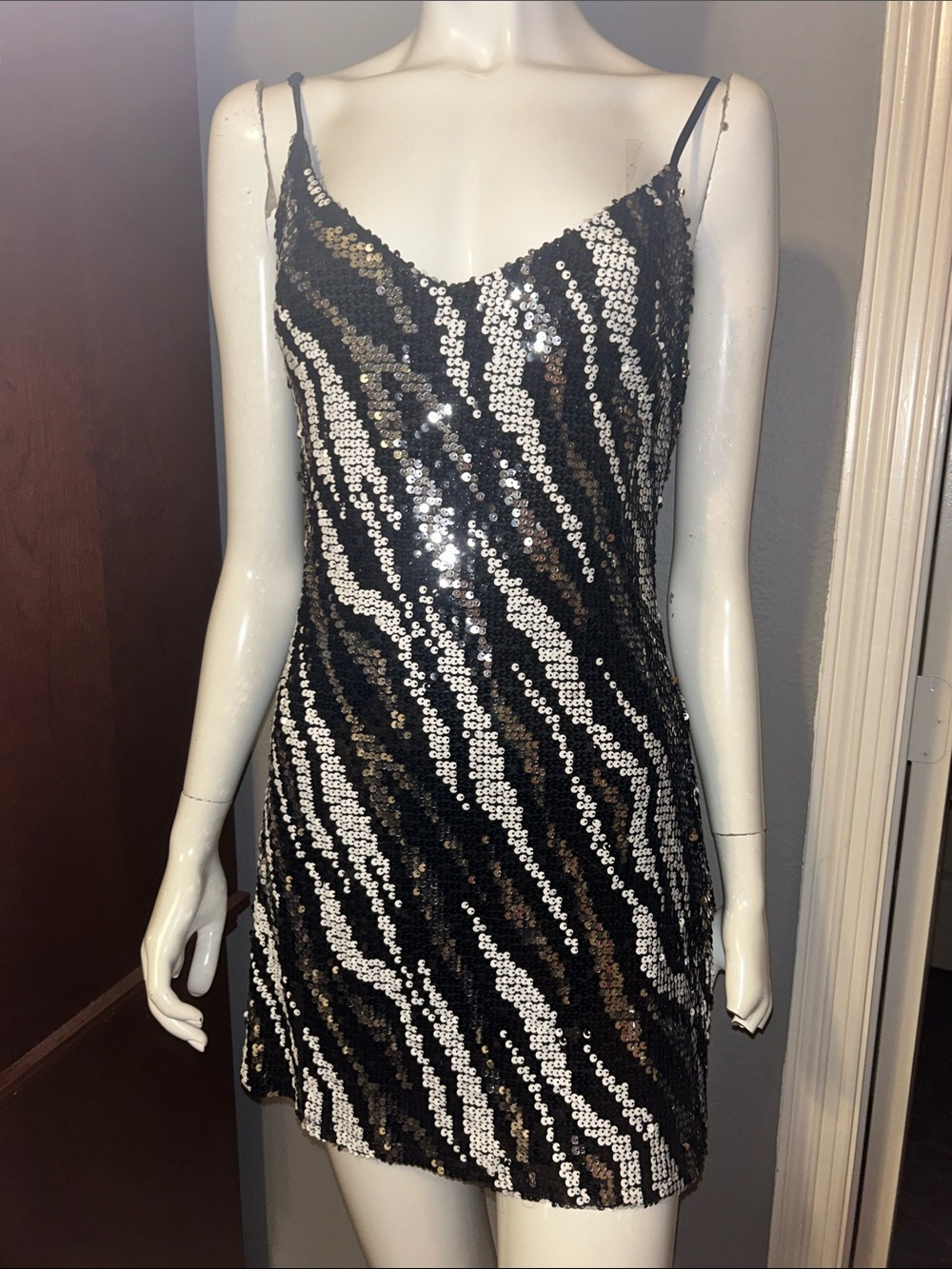 Sequin Zebra Slip Dress - Black & Silver